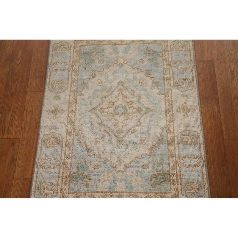 Hand Knotted Oriental 100% Wool Carpet Transitional Geometric Beige & Ivories Oushak Area Rug - 3' 0'' X 2' 0''