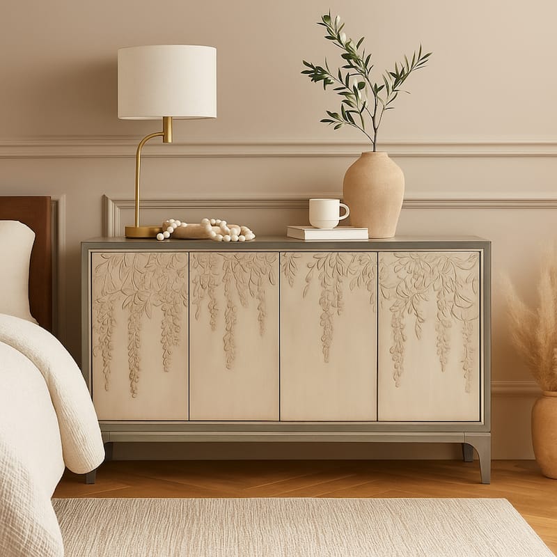 Wooden Floral Relief 4 Door Sideboard with Cream Front Doors and Cascading Leaf Design - Gray - Roche River Decor