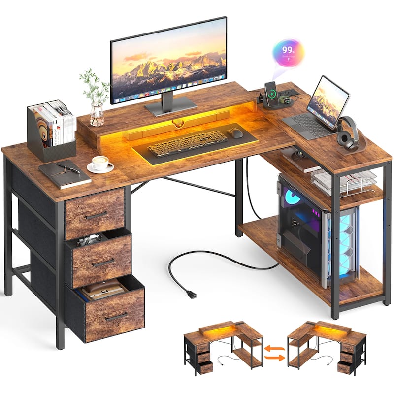 Reversible 53'' L Shaped Computer Desk with Power Outlets & LED Lights,Gaming Desk with 3 Drawers & Monitor Stand