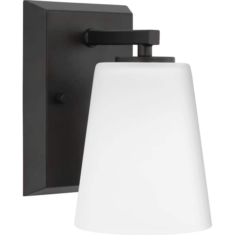 Vertex Collection One-Light Matte Black Etched White Glass Contemporary Bath Light - 4.75 in x 6.25 in x 7.5 in - 4.75 in x 6.25 in x 7.5 in