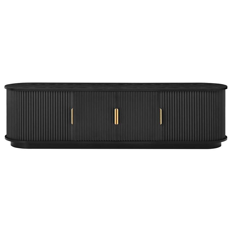 Farmhouse TV Stand with Sliding Tambour Door for 75-Inch TVs, Fluted Media Console with Adjustable Shelves and Golden Handles