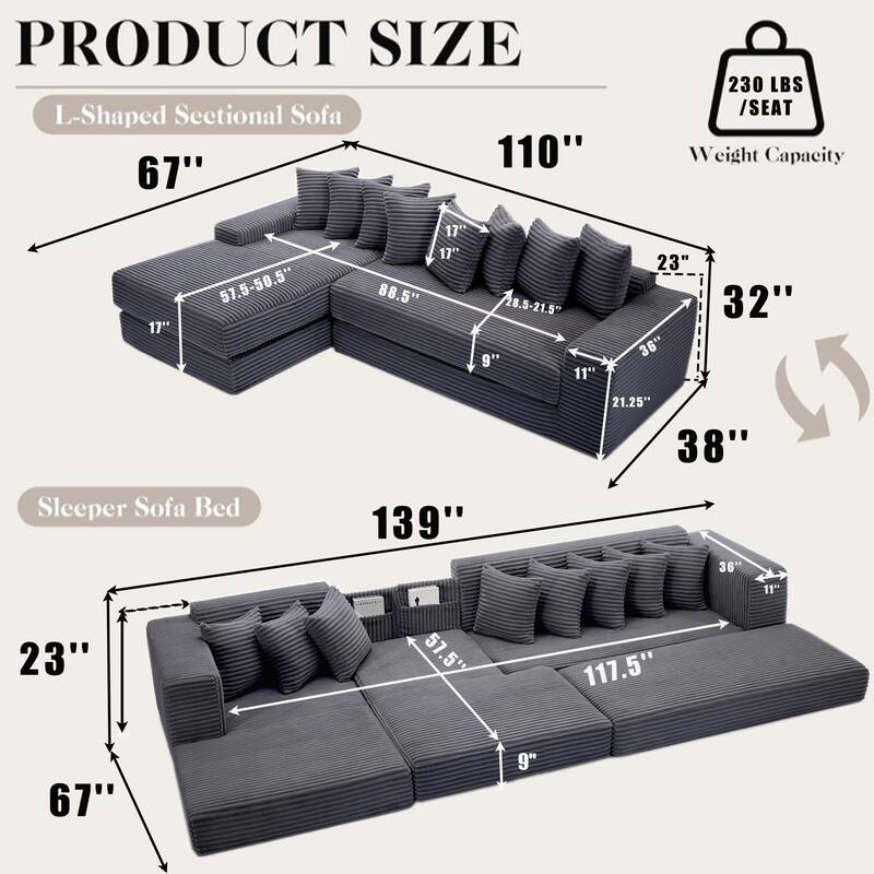 Floor Sleeper Sofa Bed Convertible L-shaped Modular Sectional Couch with Chaise, Corduroy Compression Sofa with Side Pockets