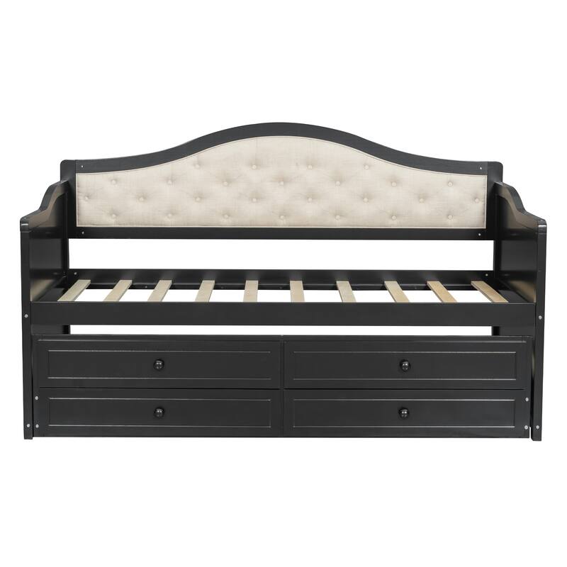 Solid Pinewood Platform Sofa Bed Frame with Trundle and 2 Drawers, Twin SIze Linen Upholstered Daybed, Button Tufted Backrest