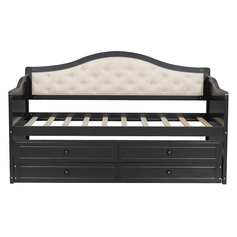 Wooden Frame Day Bed, Twin Size Daybed with Trundle Bed, Upholstered Tufted Button Backrest Sofa Bed with 2 Storage Drawers