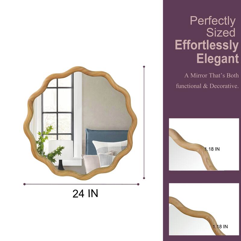 24 inch Wavy Round Solid Wood Frame Decorative Mirror,For Bedroom, Bathroom, Living Room, Entryway