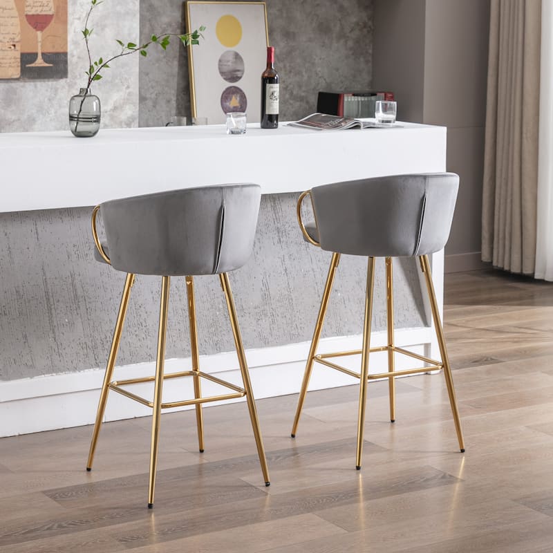 Set of 2 26" Bar Stools, Gray Velvet with Chrome Footrest & Gold Legs