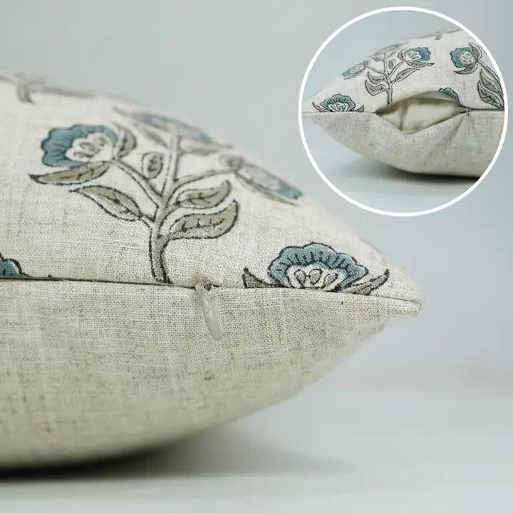 Fabdivine Handmade Floral Blue Viscose Linen Block Print Cushion Case