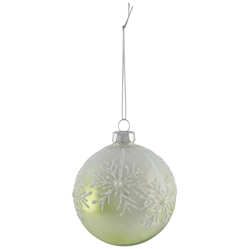 Snowflakes Shiny Glass Ball Christmas Ornaments - 3" (80mm) - Green and White - 4ct