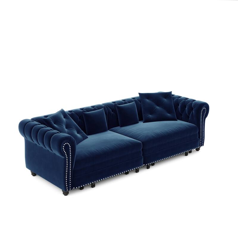 89" Chesterfield Pull Out Sofa Bed - Velvet 3-in-1 Convertible Sleeper with Chaise & Ottoman, King Size Sleeper Sofa