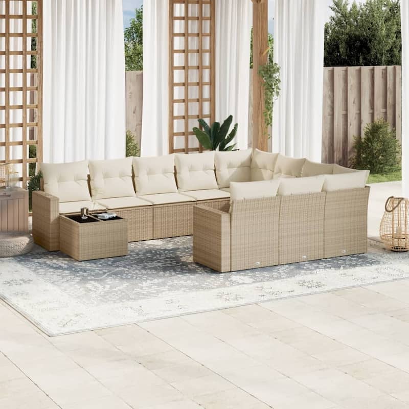 vidaXL Patio Sofa Set with Cushions Outdoor Furniture 11 Piece Poly Rattan - Beige - 115.2 x 33.5 x 27.2