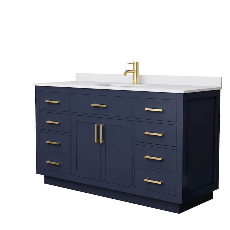 Beckett TK 60-inch Single Vanity, Cultured Marble Top - Dark Blue, Gold Trim, White Cultured Marble Top