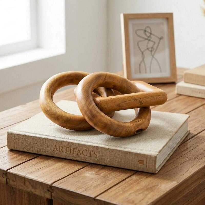 Wood Chain Link Sculpture - Hand Carved 2 Round 1 Square Link Decor, Rustic Modern Accent