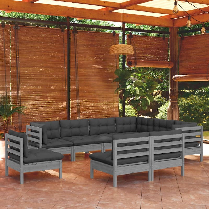 vidaXL Solid Pinewood Patio Lounge Set 10 Piece with Cushions Multi Colors - 25" x 25" x 24.6" - Grey