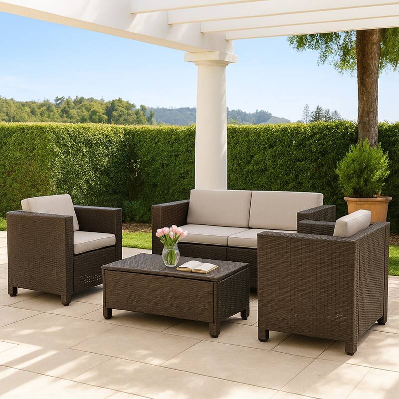 Perie 4 Piece Outdoor Sofa Chair and Table Set, Brown Rattan, White
