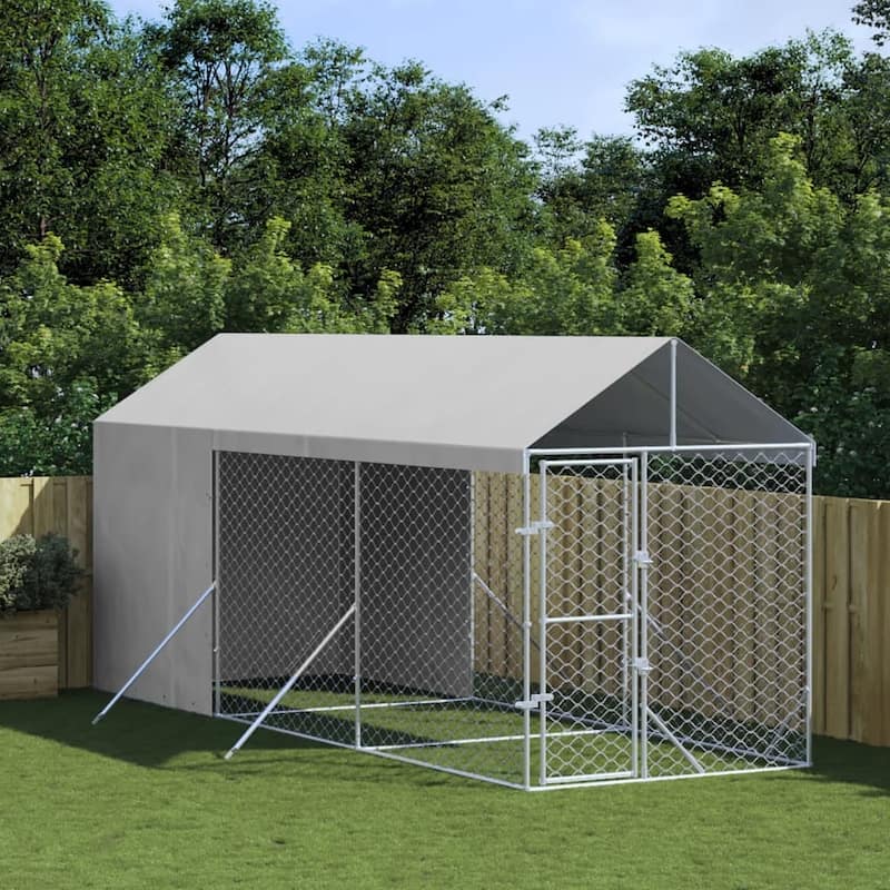 vidaXL Outdoor Dog Kennel with Roof Silver Galvanized Steel - 6.6' x 19.7' x 8.2'