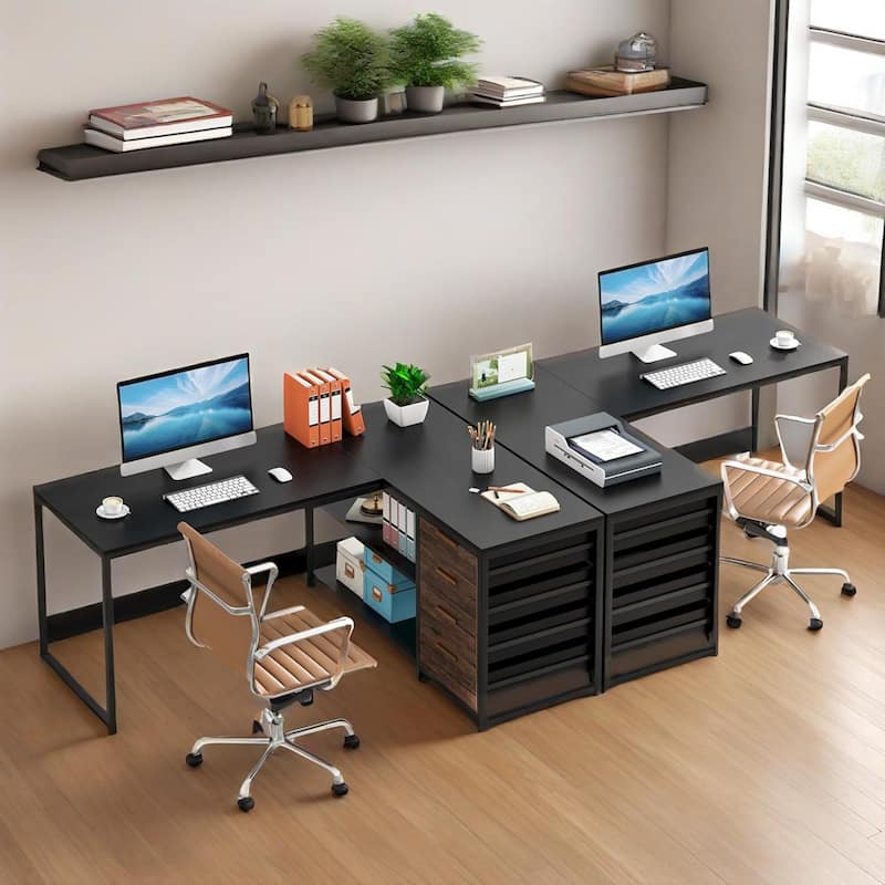 Reversible L-Shaped Computer Desk with Storage Drawers and Metal Frame for Home or Office Use