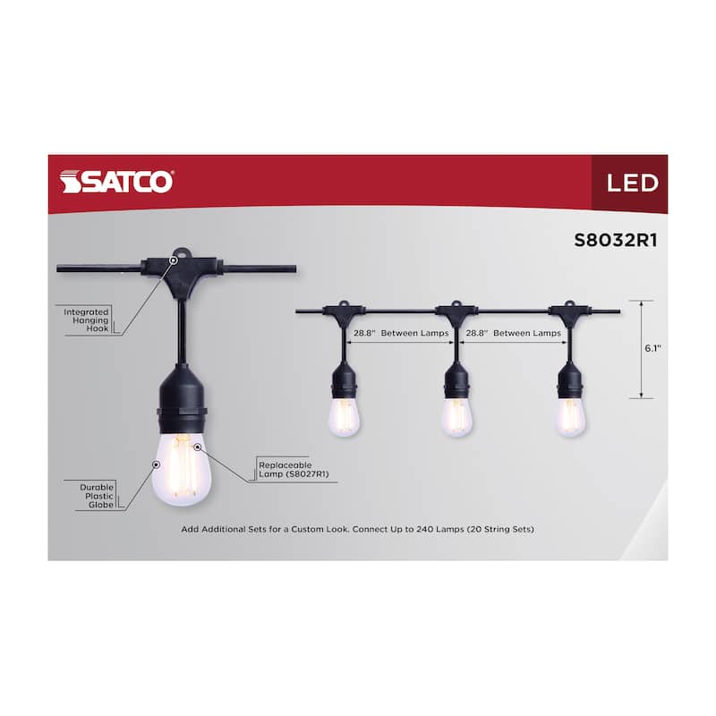 60 Foot LED String Light 24-S14 Lamps Medium Base 2200K CCT Black