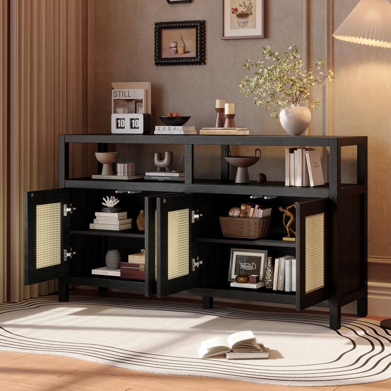 Bohemian Style Rattan Buffet Storage Cabinet with Adjustable Shelves by Harper&Bright Designs - Black