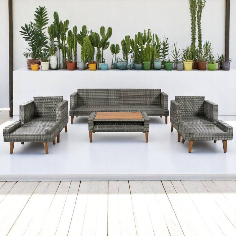 6-Piece PE Wicker Patio Furniture Set with Loveseat, Single Chairs, Ottomans, Cushions & Pillows, Coffee Table with Glass Top