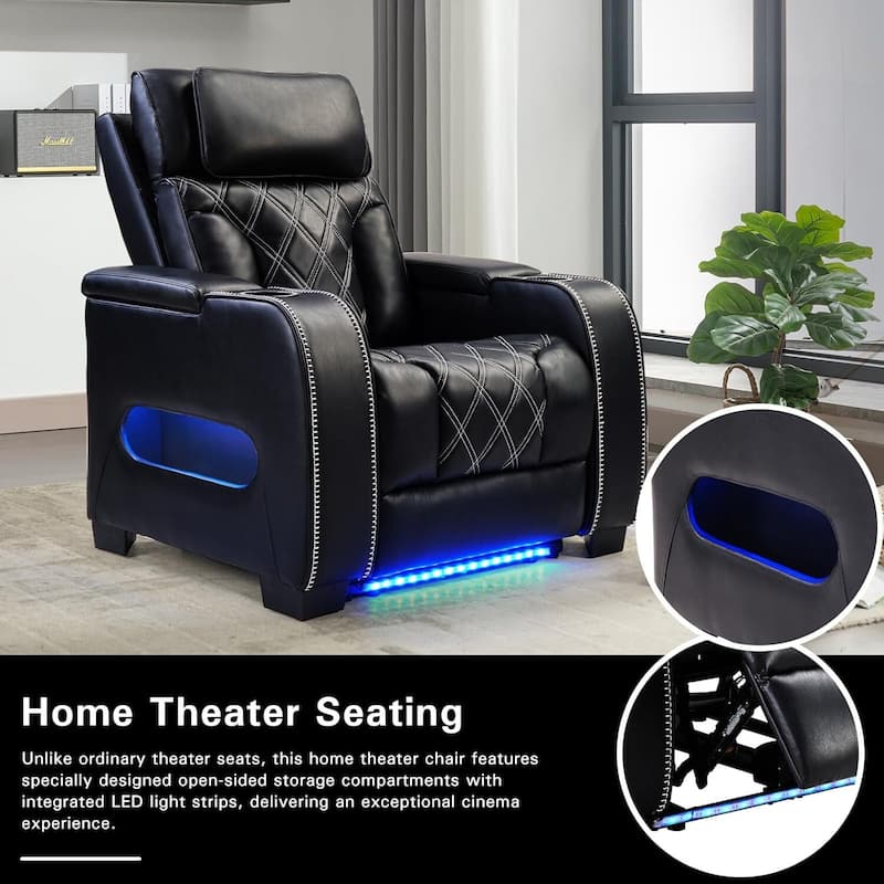 Power Recliner Chair with Adjustable Headrest, Breathable PU Leather Home Theater Seating with Ambient Lighting,Cup Holders