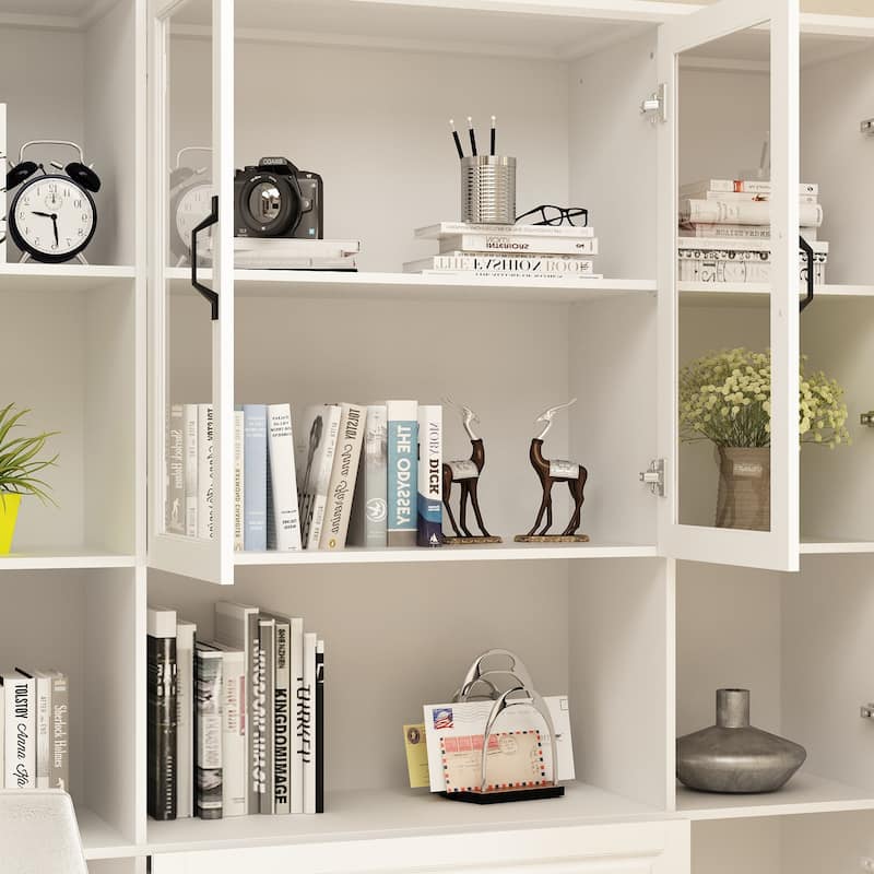 78.7"Modular White Curio Bookcase Cabinet w/Glass Doors Buffet Display