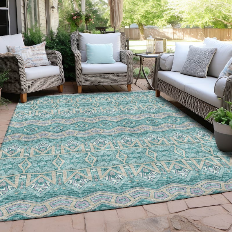 Machine Washable Indoor/ Outdoor Chantille Mosaic Global Rug - Teal - 3' x 5'