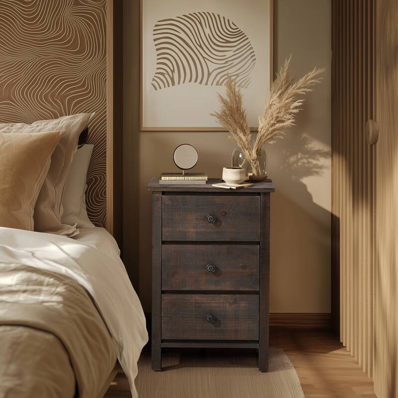 Brown MDF Wood 3-Drawer Bedside Table with Spacious Storage