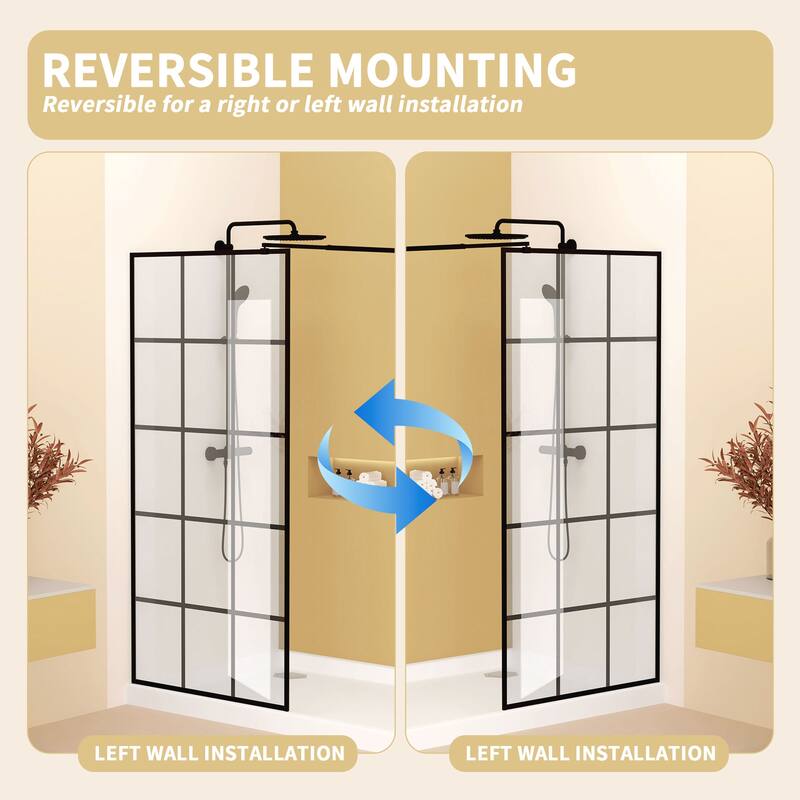 GDFStudio - Emerson Frameless Style Shower Screen with Silk-Printed Tempered Glass and Support Bar - 34" Width x 72"Height