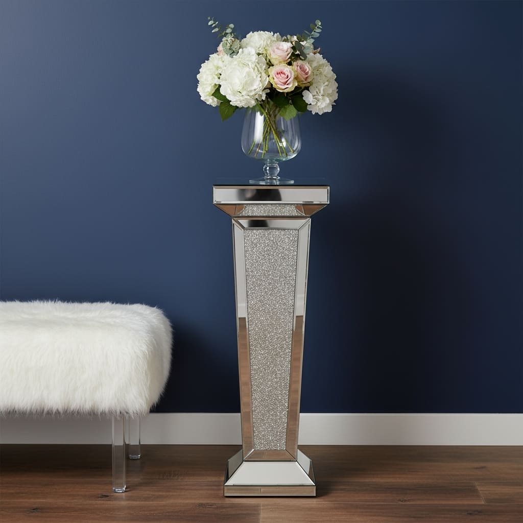 HomeRoots 35" Silver Mirrored Glass And Faux Crystals Pedestal Accent Table - 12.60 in. x 35.43 in. x 10.24 in.
