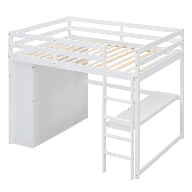 Full Size Loft Bed with Wardrobe, Desk, Storage Shelves, and Drawers in White