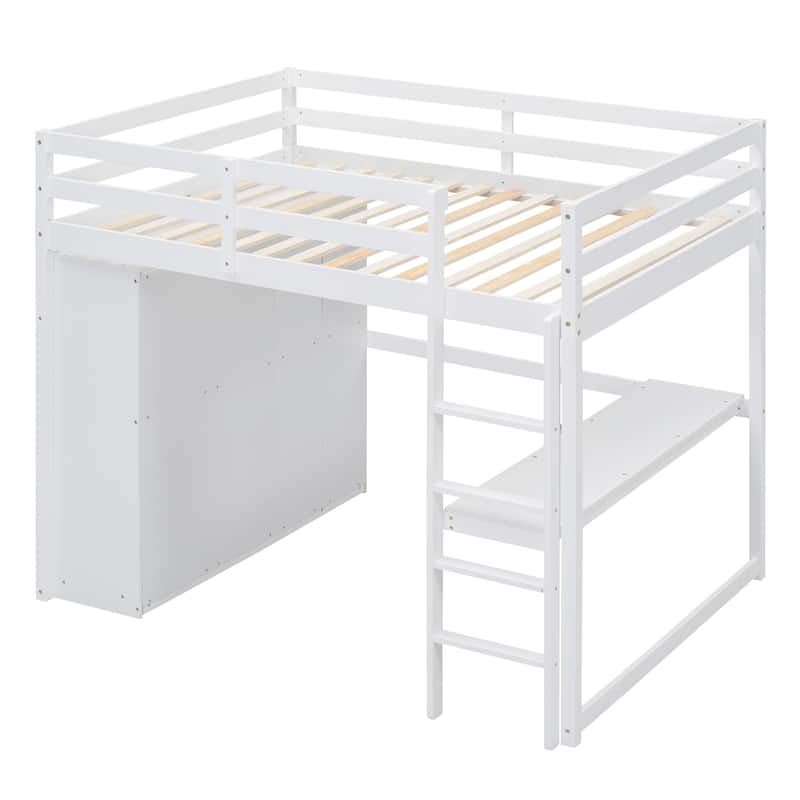 Wood Full Size Loft Bed with Built-in Wardrobe, Desk, Storage Shelves and Drawers, White