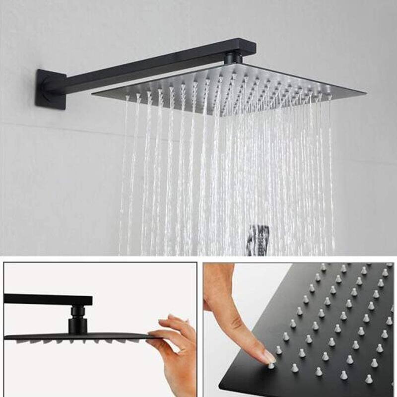 Black 12 Inch Square Wall Mounted Rainfall Shower Head System