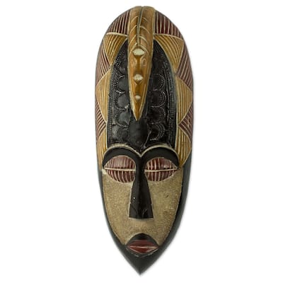 Handmade Herjole African Wood Mask (Ghana) - 15.25" H x 6" W x 3.1" D