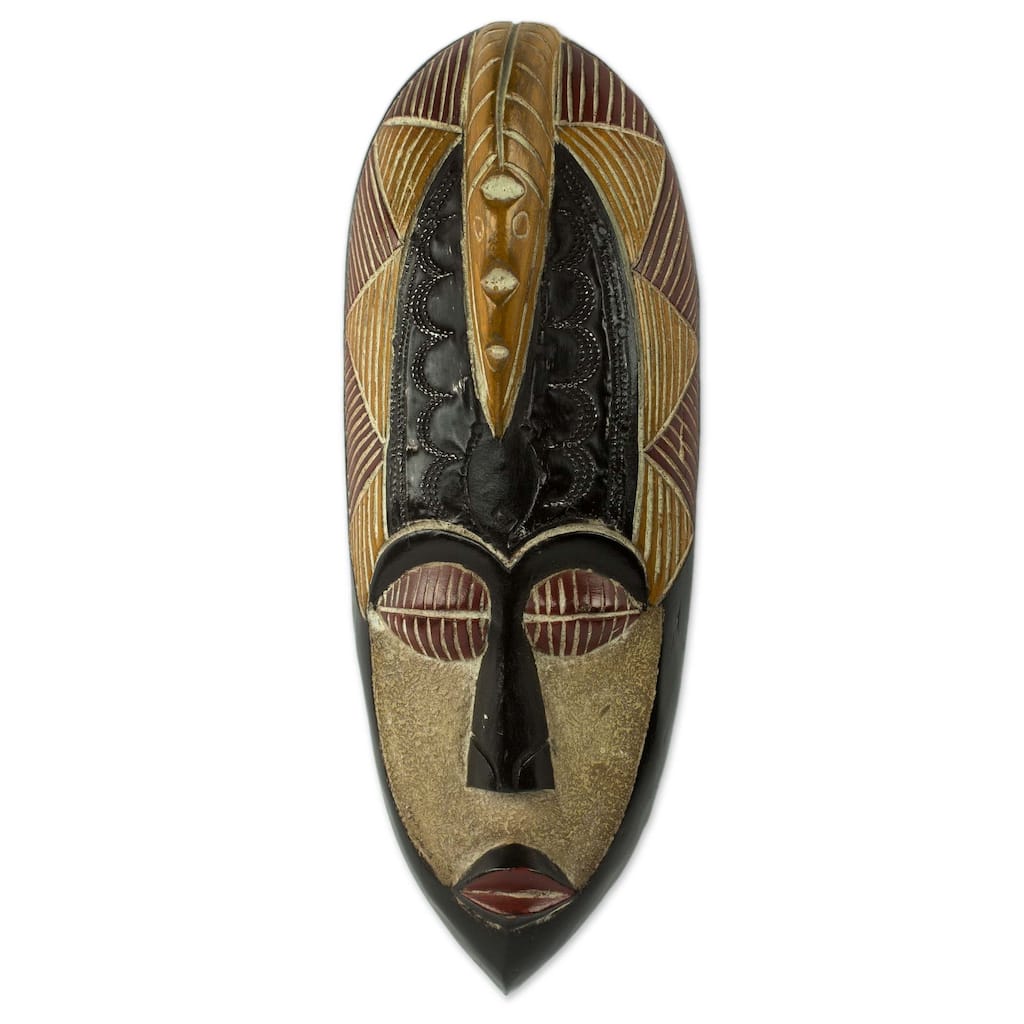 Handmade Herjole African Wood Mask (Ghana) - 15.25" H x 6" W x 3.1" D