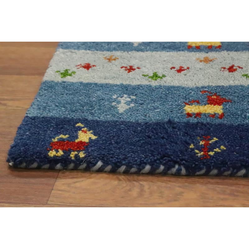 Hand Knotted Oriental 100% Wool Carpet Tribal Animal Pictorial Navy Blue & Blues Gabbeh Area Rug - 1' 4'' X 1' 4''
