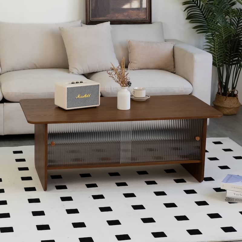 47" Stylish Coffee Table 2-Tier Center Tables with Storage, Large Living Room Table Rectangular Wood Tea Tables with Glass Door