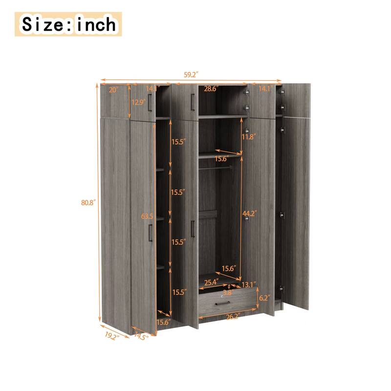 4-Door Wardrobe Armoire with Drawer and Overhead Cabinet Clothes Storage Cabinet for Bedroom