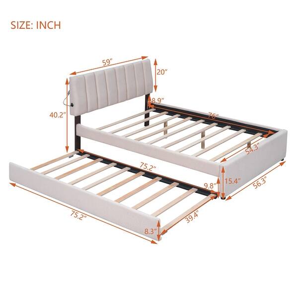 dimension image slide 1 of 2, Eye-catching Design Teddy Fleece Upholstered Platform Bed with Twin Trundle, LED Light, Full Size