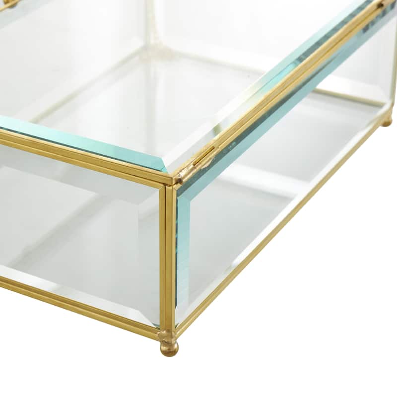 Glass Beveled Decorative Jewelry Box with Gold Metal Frame and Chain Accent - Set of 2 Clear - Roche River Decor