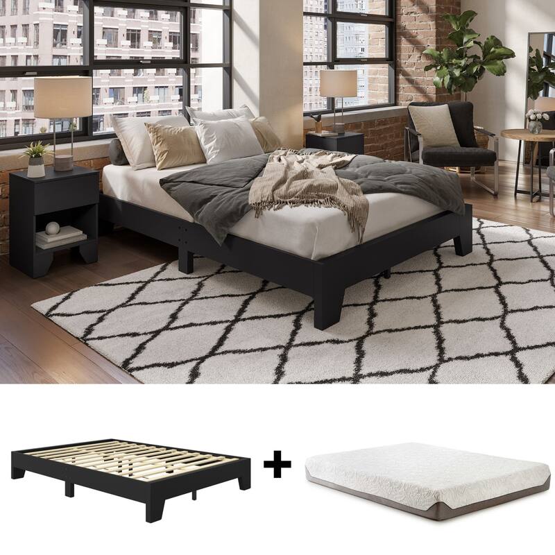 Wood Platform Bed and Mattress Bundle - Bed Frame with 8 in. Gel Memory Foam Mattress Included, Easy Assembly - Black - Queen