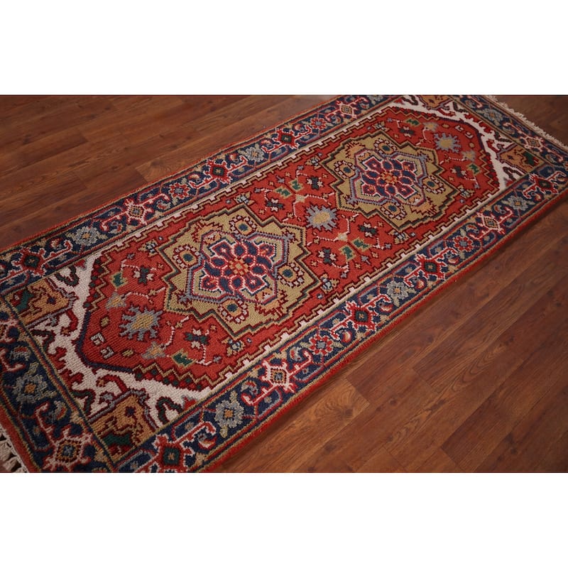 Orange Geometric Heriz Serapi Foyer Rug Hand-Knotted Wool Carpet - 2'6"x 6'1"