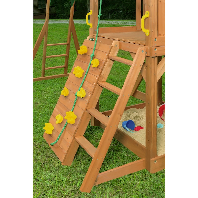 Mountain View Swing Set with Tarp Roof, Climbing Wall, Monkey Bars