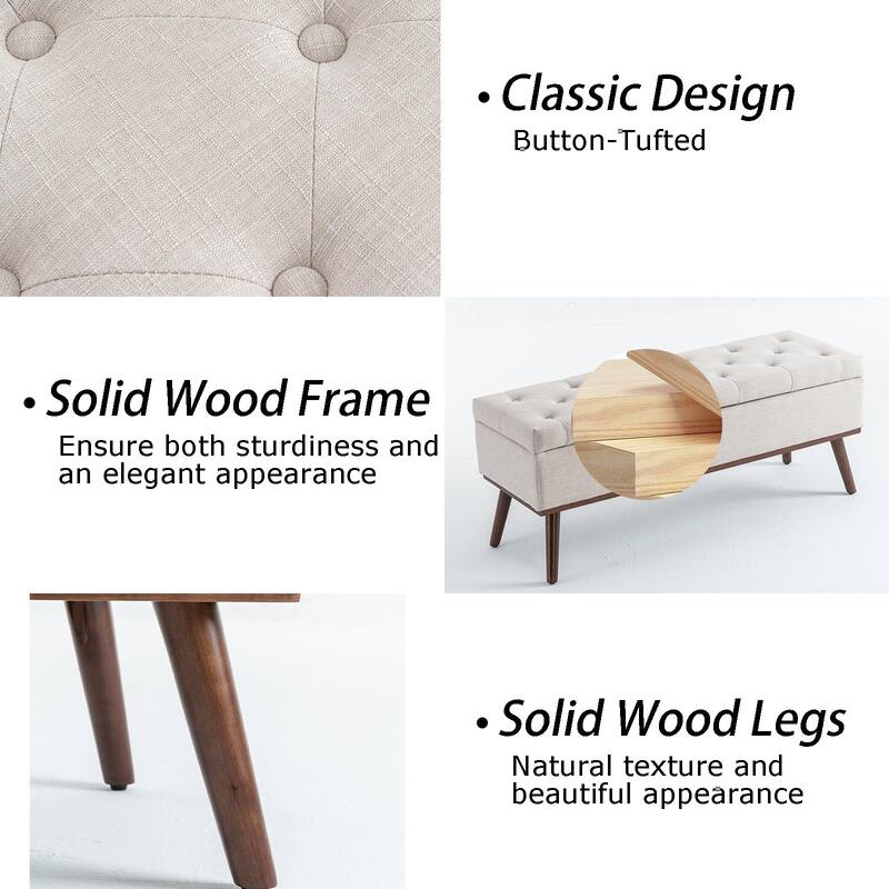 Linen Storage Ottoman Bench with Wood Legs, Upholstered Entryway Bench Tufted Mid Century Modern Ottoman Bedroom End of Bed