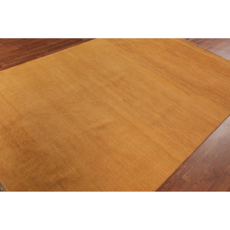 Modern Gabbeh Area Rug Hand-Knotted Solid Orange Wool Carpet - 5'9" x 8'8"