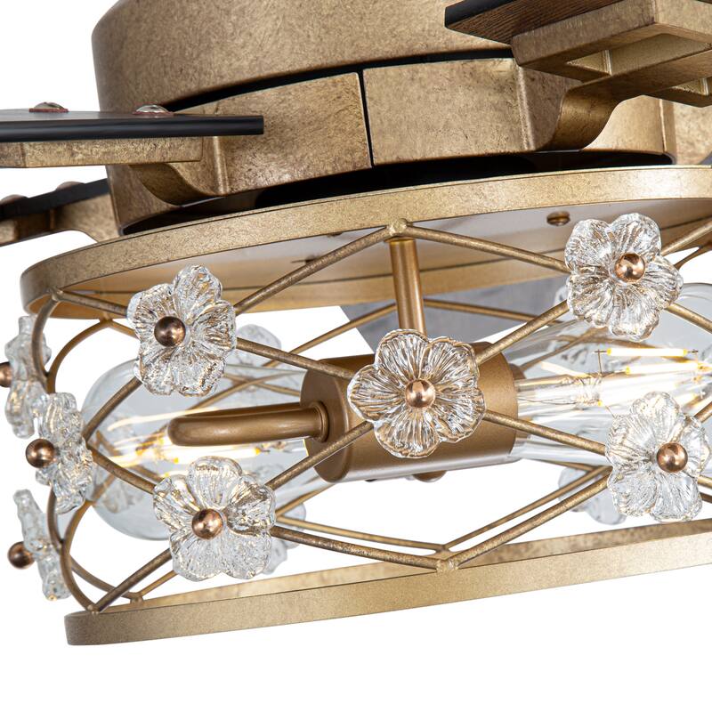 52" Reversible 5-Blade Farmhouse Glam Floral Glass Caged Ceiling Fan with Light and Remote