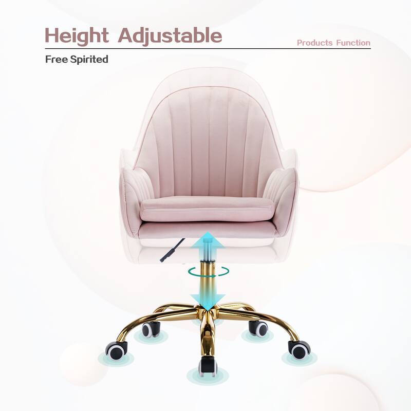 Cute Velvet Office Chair Dresser Chair Manicure Desk Chair with Wheels Metal Base, Height Adjustable, Pink