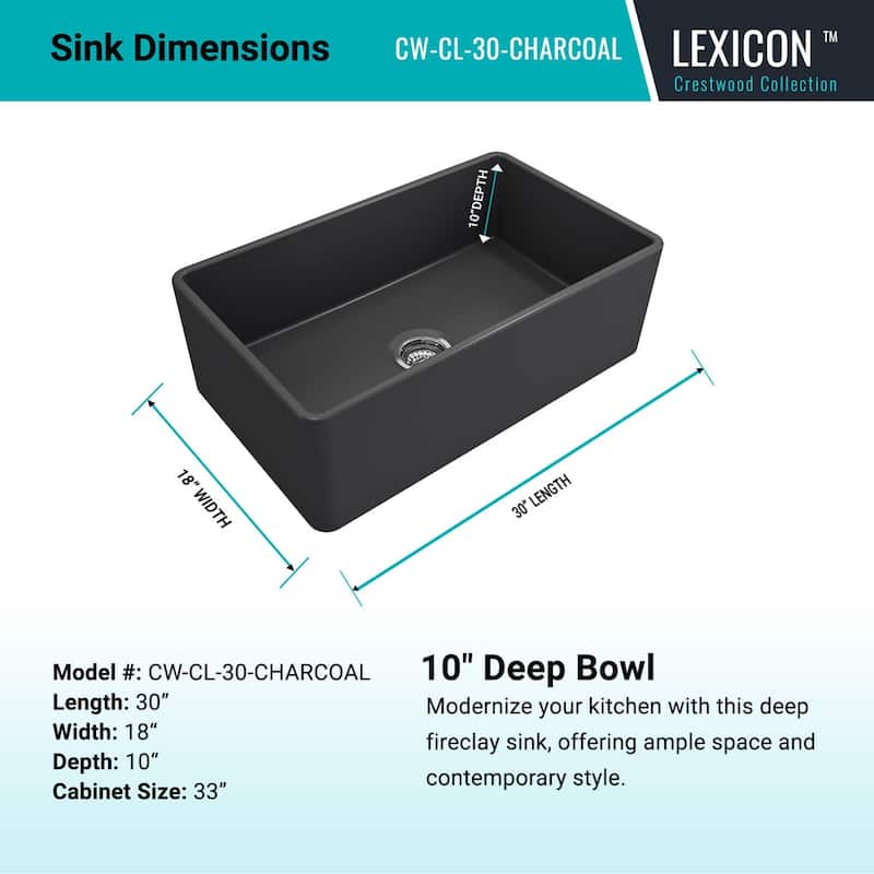 Crestwood 30" Classic Single Bowl Apron Fireclay Sink - Charcoal