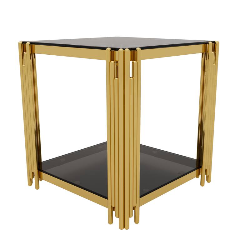 Square Gold & Glass End Table with 2-Tier Shelf and Sculptural Metal Frame by Harper&Bright Designs