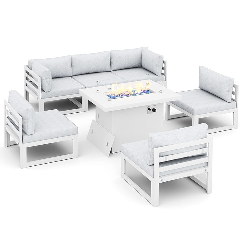 FINCATI 7 Piece Aluminum Outdoor Furniture Set with Propane/Natural Gas Fire Pit Table, 29" Wide Outdoor Sectional Sofa for 6