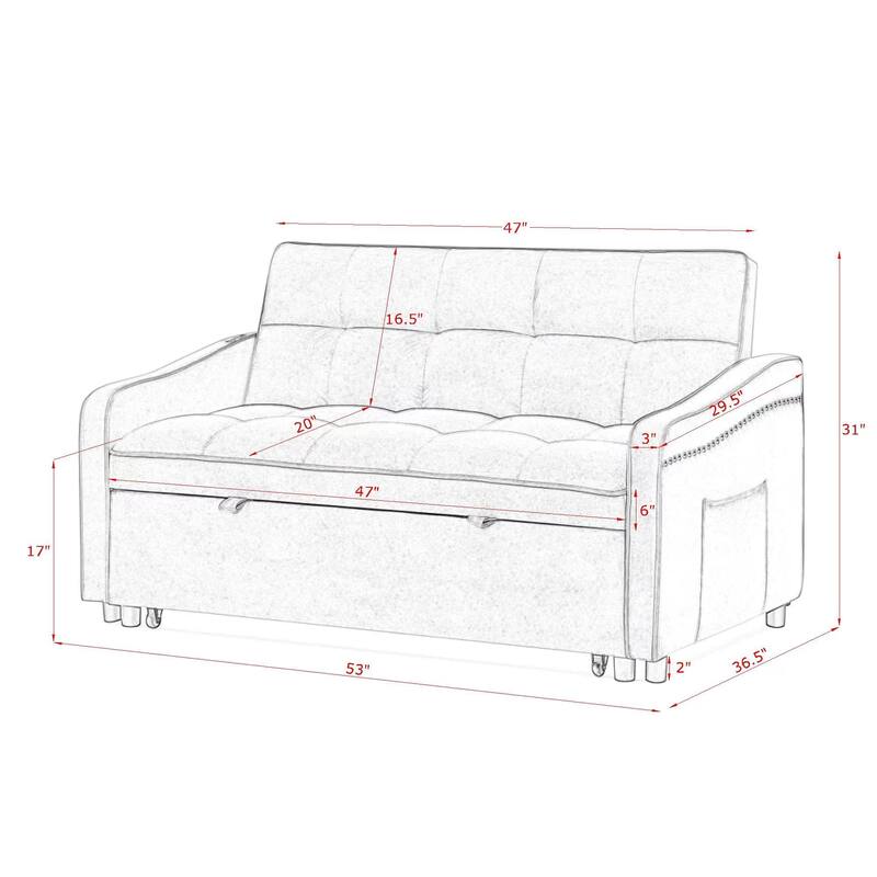 53" Foam Adjustable Loveseat Sofa Bed with Pull-Out Bed, USB/Type-C Charging, Copper Nail Trim, and Arm Storage Pockets